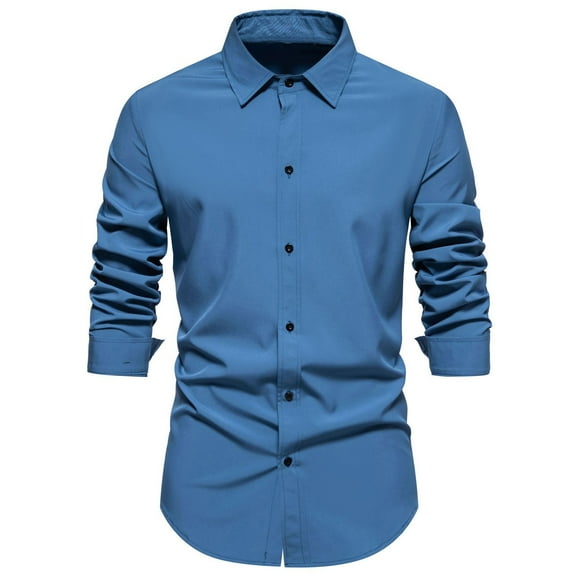 Today Sales! Dagegui Men's Dress Shirts Casual Long Sleeve Button Down T-Shirts Solid Color Lapel Business Shirt Slim Fit Tops Basic Daily Work Tees for Men Blue,M