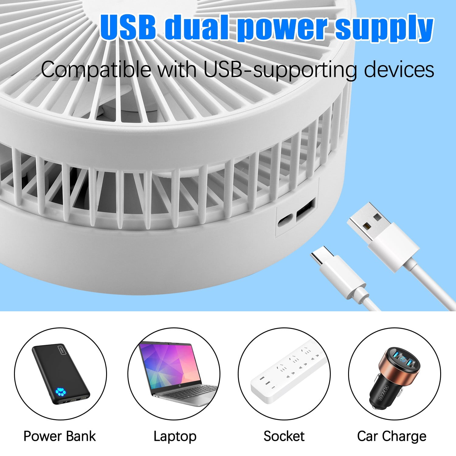 Cikuci Portable Floor Table Desk Fan with Adjustable Height, USB Rechargeable  4 Speed Pedestal Fan for Bedroom Office Camping Travel