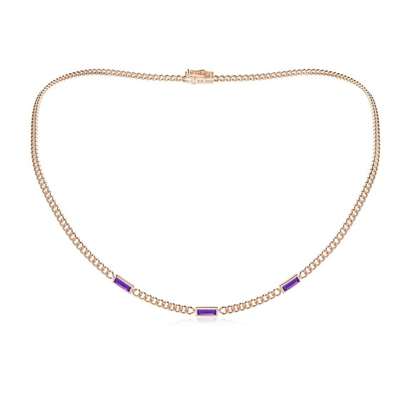 ANGARA Natural Baguette Amethyst Three Stone Curb Link Chain Necklace in 14K Rose Gold for Women (Size-6x2mm) | February Birthstone, Anniversary, Jewelry Gift for Women | Natural Amethyst Necklace