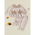 thumbnail image 3 of RUINIXCW Toddler Baby Girl Thanksgiving Outfit Plaid Bow Turkey Embroidery Bows Doll Collar Long Sleeve Tops and Pants 2 Pcs Set, 3 of 9