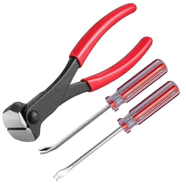 Juego de 3 piezas para quitar grapas de tapicería y construcción: alicates de corte de 7 pulgadas, extractor de clavos con punta en V angular y recta de 8 pulgadas.
