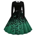 thumbnail image 2 of BaoFuBaoMei Vintage Halloween Dresses for Women Plus Size Crew Neck Long Sleeve Halloween Bats Print Midi Dress Back Zipper Closure Waist Bow Tie a Line Dresses for Party, 2 of 6