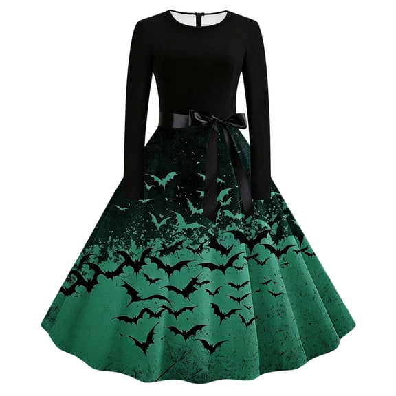 Edvintorg Womens Long Dresses Halloween Printed Crew Neck Casual Party Dress Long Sleeve Long Maxi Dress Womens Trendy Clothes S-2XL Green