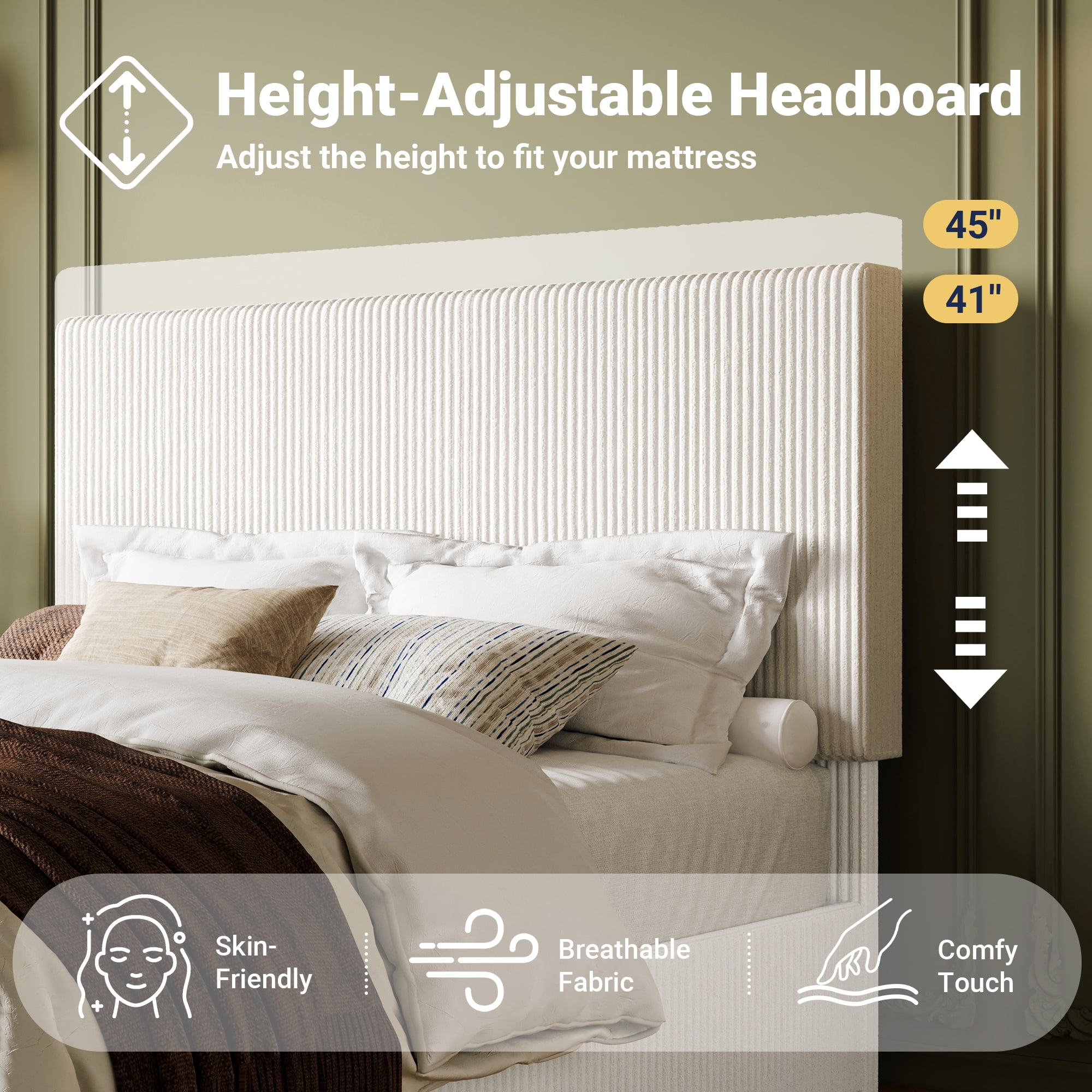 Allewie Queen Bed Frame, Upholstered Platform Bed, Adjustable Vertical Channel Tufted Headboard, Corduroy Fabric, Modern Low Profile, Wooden Slats, No Box Spring Needed, Easy Assembly, White