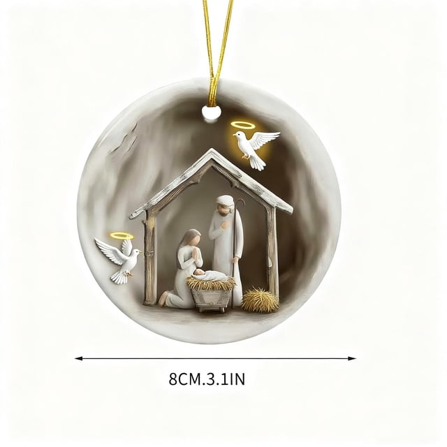Christmas Tree Decorations Round Acrylic Nativity Hanging Ornaments 8cm Accent