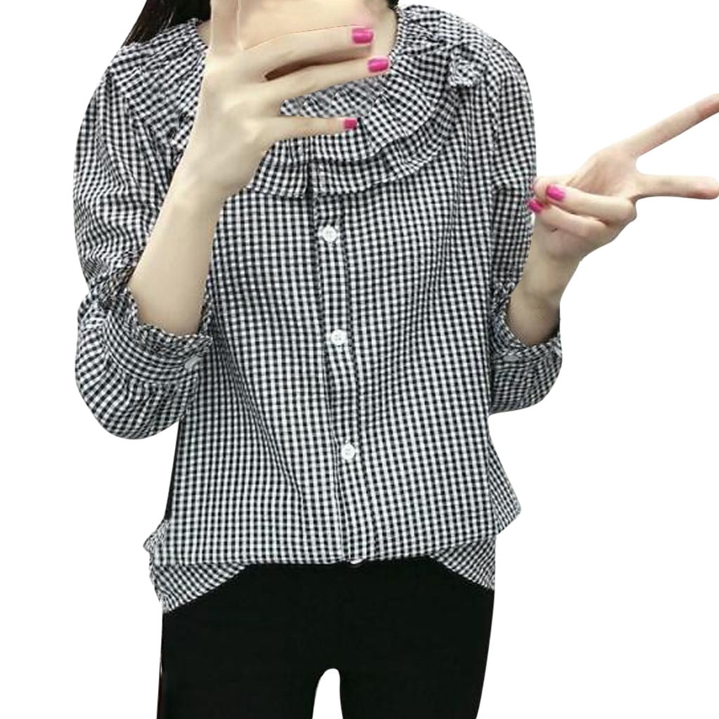 Fashion Women Shirt Lotus Leaf Edge Lattice Printing Long Sleeve O-Neck  BlouseWomen's t-shirts black 3xl 4xl xxl xl set l slim fit long V-neck  white long - Walmart.com