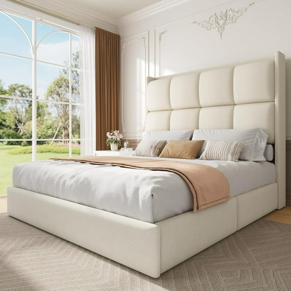 Queen Upholstered Bed Frame with Tall Wingback Headboard Queen Size Platform Bed Frame for Bedroom, Wood Slats Support, No Box Spring Neede, White