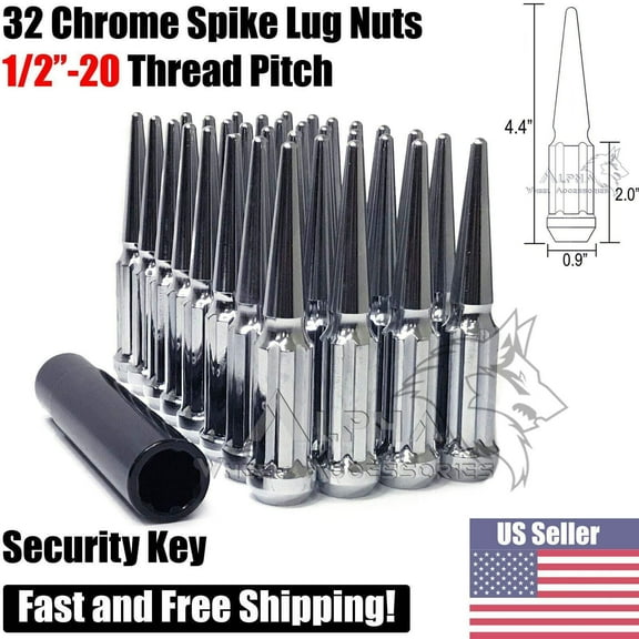 32 Chrome 1/2-20 Spline Spike Lug Nuts Fits Ford F-250 F-350 E-250 E-350   Key
