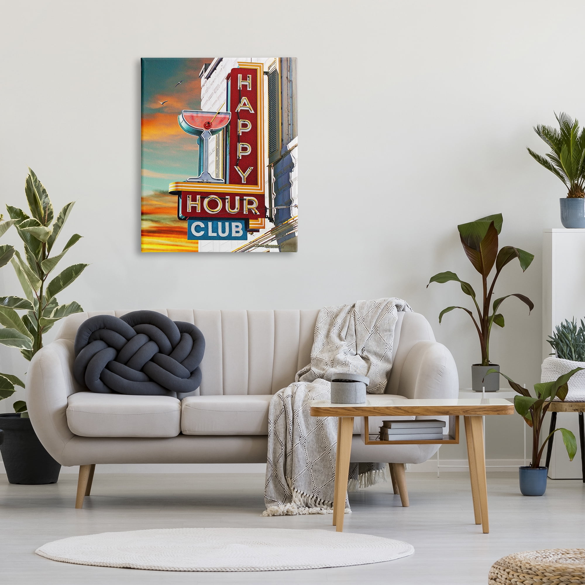 Stupell Industries Happy Hour Club Sign Food & Beverage Painting Gallery Wrapped Canvas Art Print Wall Art, 30 x 40