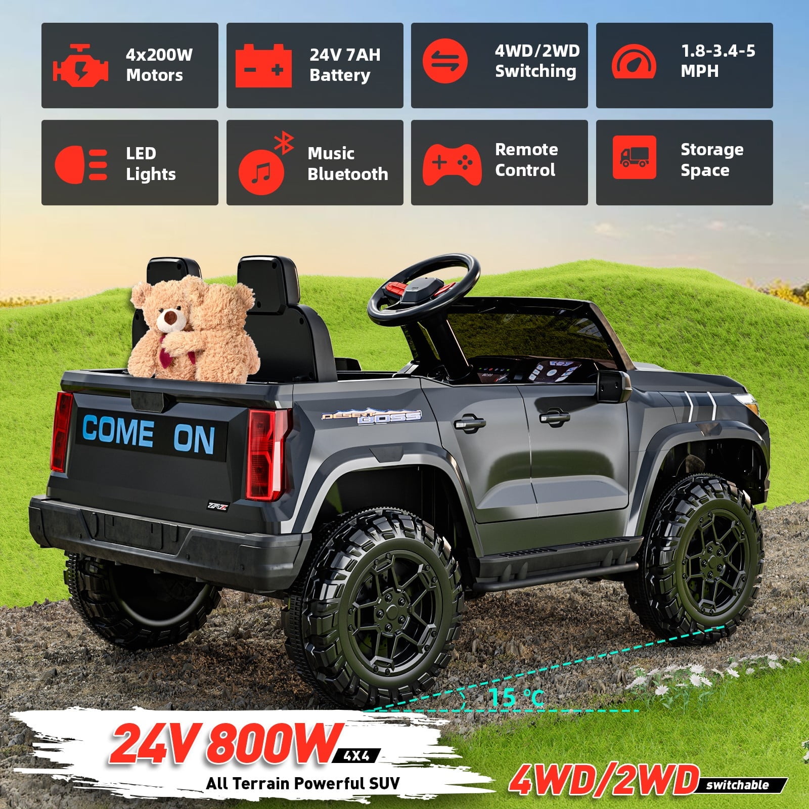 Funcid 24V Ride on Toys 4WD Ride on Cars with Remote Control, 2 XL Seater Electric Car for Kids, Pow(图4) Funcid 24V Ride on Toys 4WD Ride on Cars with Remote Control, 2 XL Seater Electric Car for Kids, Pow(图4)