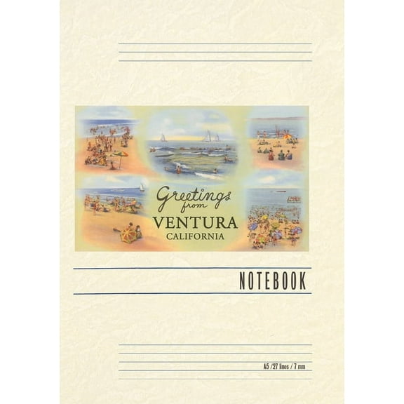 Vintage Lined Notebook Pastel Beach Scenes, Greetings from Ventura, California (Paperback)