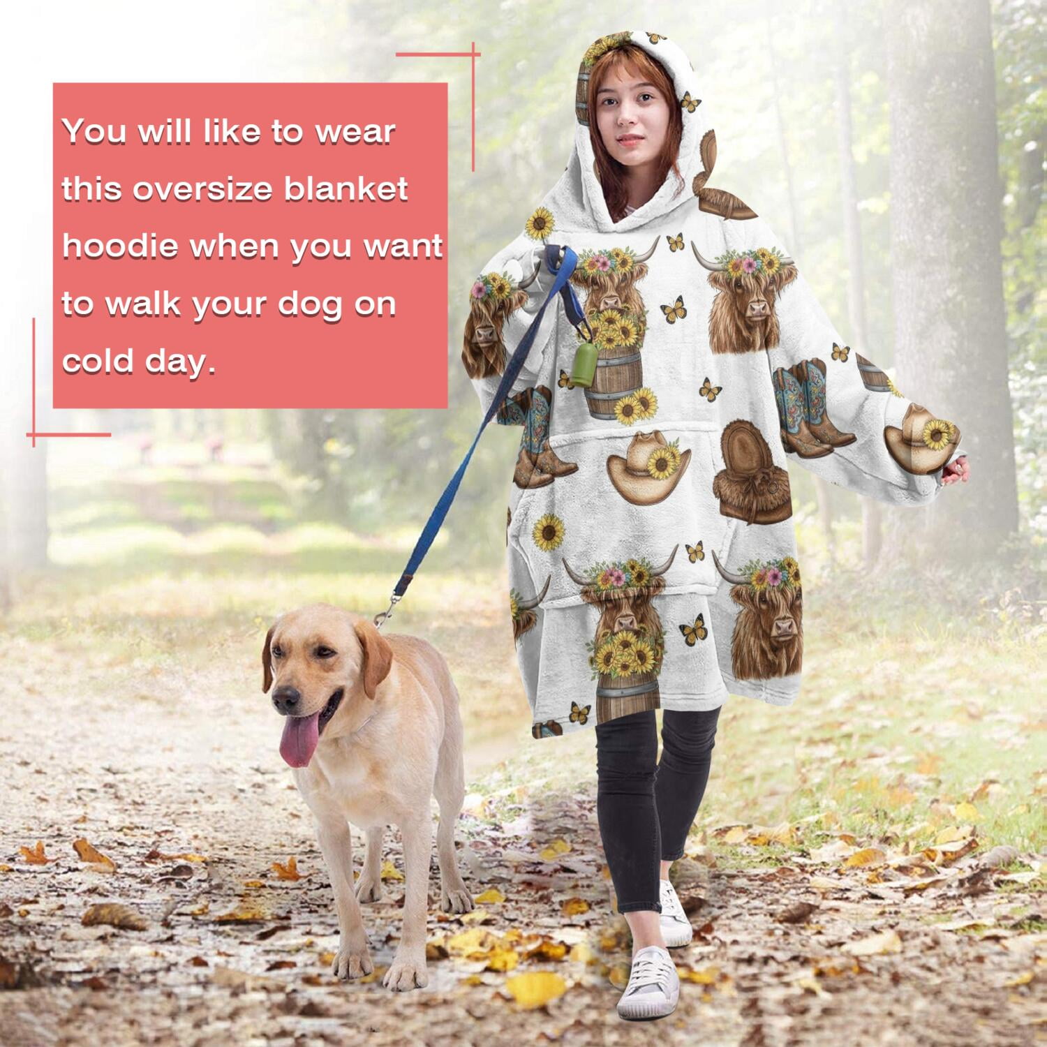 White Highland Cow Flower Barrel Pattern Wearable Oversized Blanket,Wearable Blanket Hoodie for Adults,Cozy Hooded Blankets with Super Pockets,Super Warm Fuzzy Pullover for Women & Men