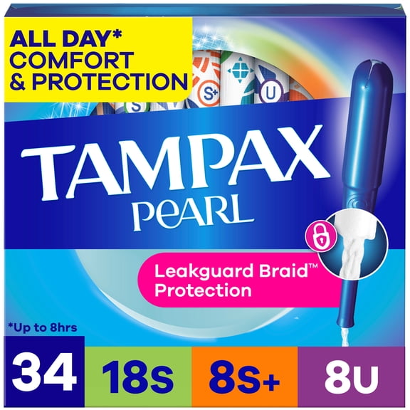 Tampax Pearl Tampons Trio Multipack, with LeakGuard Braid, Super/Super Plus/Ultra Absorbency, Unscented, 34 Count