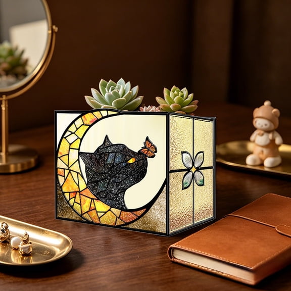 Stained Glass Cat Flower Pot,Handmade Cute Pots for Plants, Room and Office Decoration Glass Container Storage,Indoor Plant Pots with Drainage,Plant Gifts