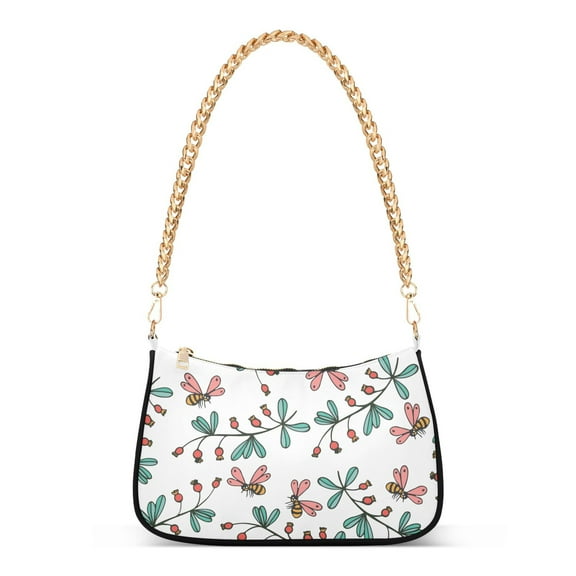 Womens Chain Shoulder Bag Bees and Flowers Classic Tote Handbags Fashion Clutch Hobo Purse with Zipper for Travel Casual