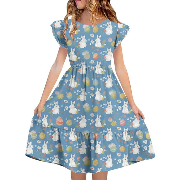 Auroural Girls Dresses Size 9 Long Dress Children's Summer Printing Double-Layer Pleated Sleeve Dress For 5-14 Years Old