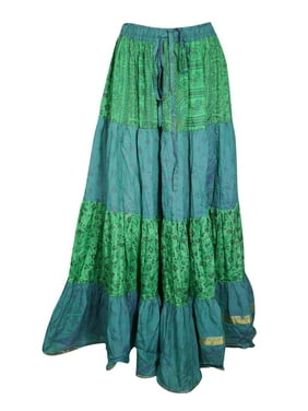 Mogul Women Teal Blue Maxi Skirt Vintage Tiered Full Flared Recycle Sari Printed Summer Beach LONG Skirts M/L