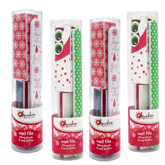 Awaken By Quality Choice Assorted Holiday Nail Care Stocking Stuffer Combo Pack - File, Buffer, and Filing Block - Essential for Nail - 4 Pack