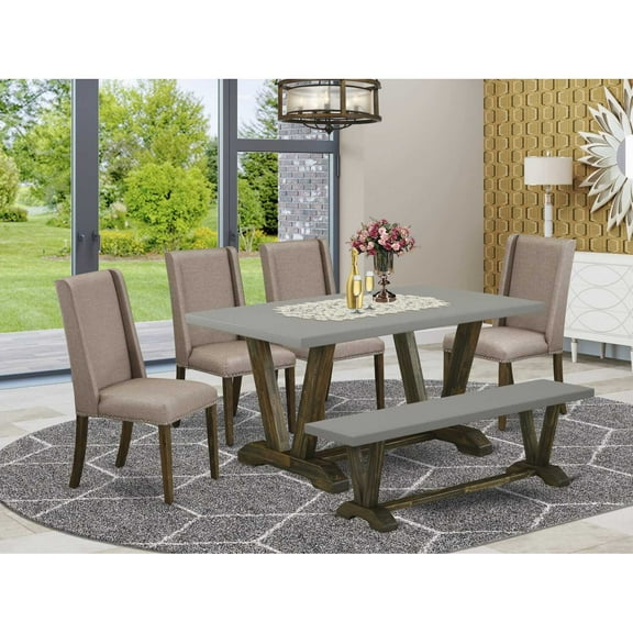 East West Furniture V796FL716-6 Wood Dining Table Set, Multi Color - Dark Khaki Linen Fabric Seat & High Stylish Chair Back Kitchen Chairs - 6 Piece