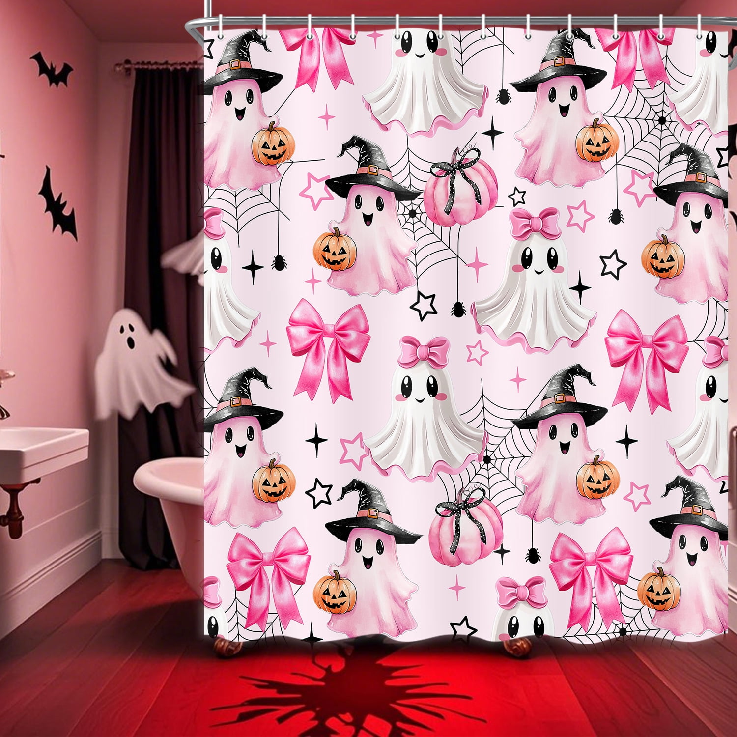 Pink Halloween Shower Curtain, Cute Ghost Pumpkin Spooky Shower Curtain for Bathroom, Funny Halloween Holiday Cartoon Spooky Bathroom Decor Fabric with Hook, 60X70in