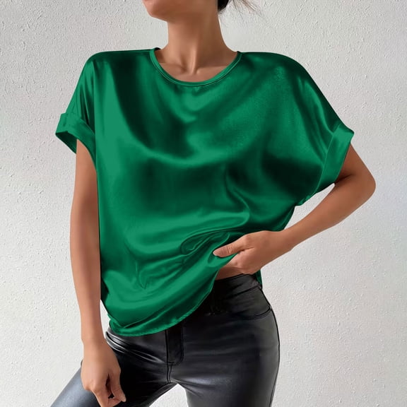 Homenesgenics Womens Tops Plus Size Spring Casual Fashion Solid Color Short Sleeve Round Neck Satin Top /Shirt Green M