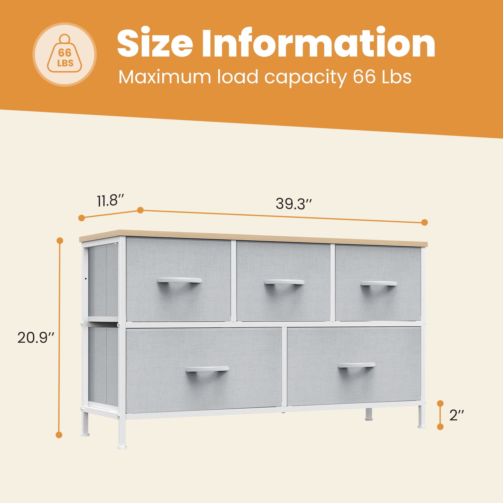 edx 5 Drawers Fabric Dresser for Bedroom, Drawer Organizer Storage Cabinet for Closet, Clothes, TV Stand, Light Gray