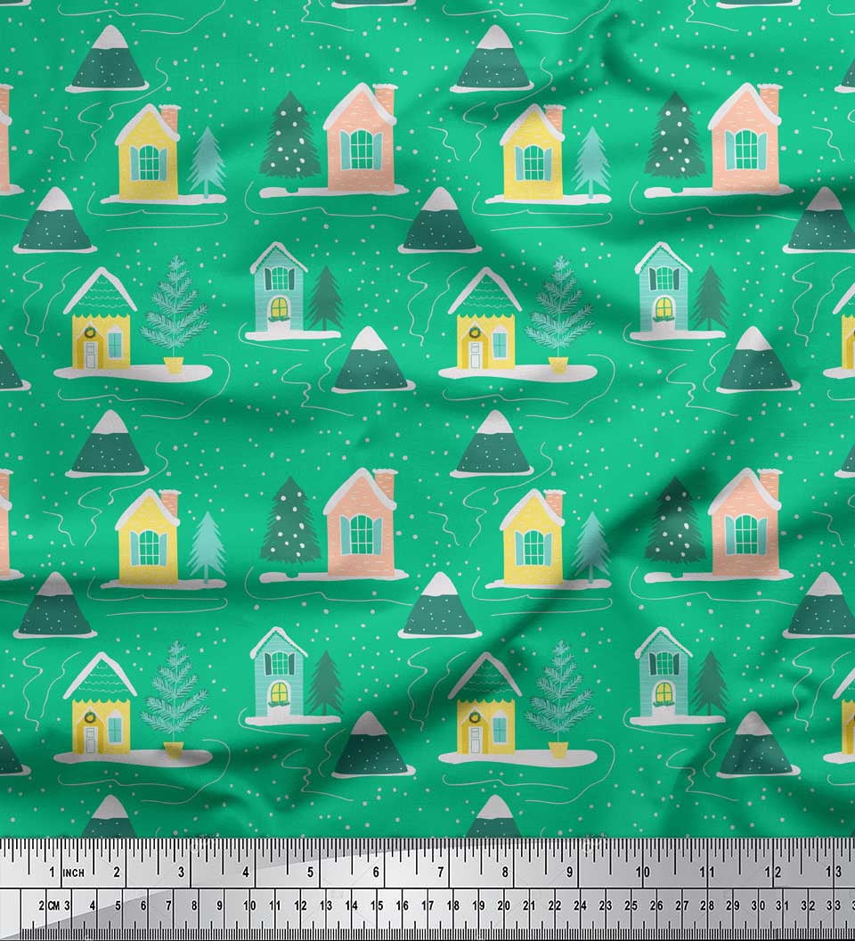 Soimoi Green Cotton Voile Fabric Christmas Tree & House Nature Printed Craft Fabric by the Yard 56 Inch Wide
