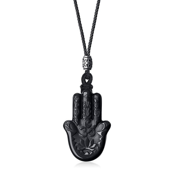 COAI Unisex Black Obsidian Stone Hamsa Hand Pendant Necklace