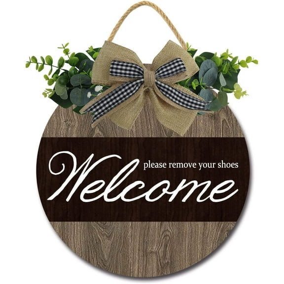Eveokoki 12" Welcome Please Remove Your Shoes Signs for Front Door Farmhouse Porch Rustic Round Wooden Hanging Wreaths for Housewarming Gift Christmas Festival Decoration Outdoor Indoor Wall Decor