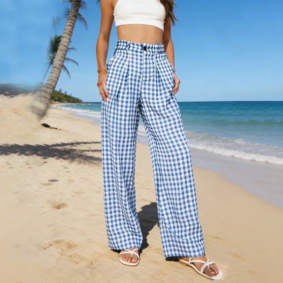 Plaid Pants for Women Elastic Waist Lightweight Palazzo Pants Summer Wide Leg Beach Daily Lounge Trousers Slacks S-2XL