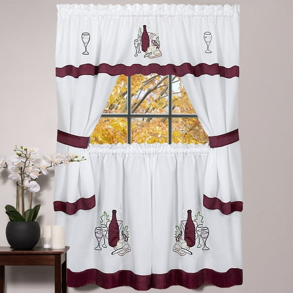 Kitchen Window Curtain Cottage 5 Piece Set Embroidered Cabernet 24"