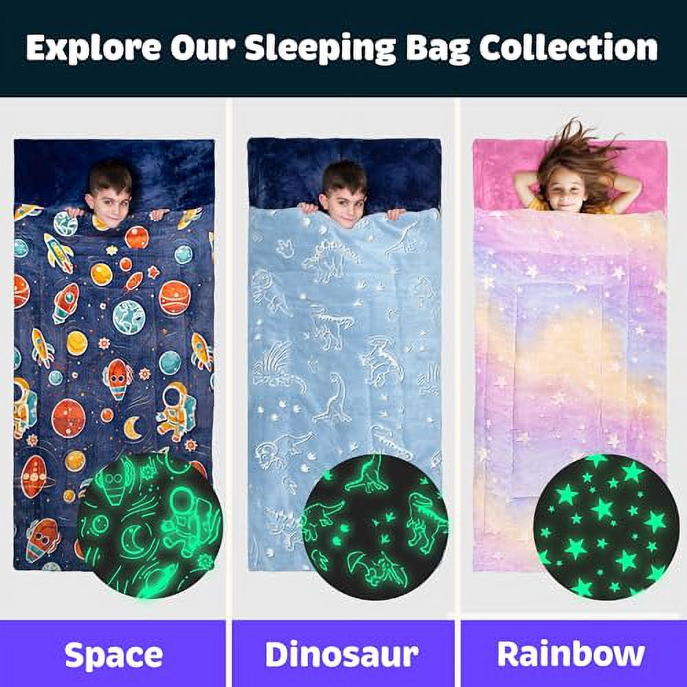 Kids Glow-in-the-Dark Space Sleeping Bag with Pillow, Extra Soft Sleep Bag for Boys & Toddlers, Planets & Stars Design, Pillow Pocket, Ages 3+ (66'' x 33")