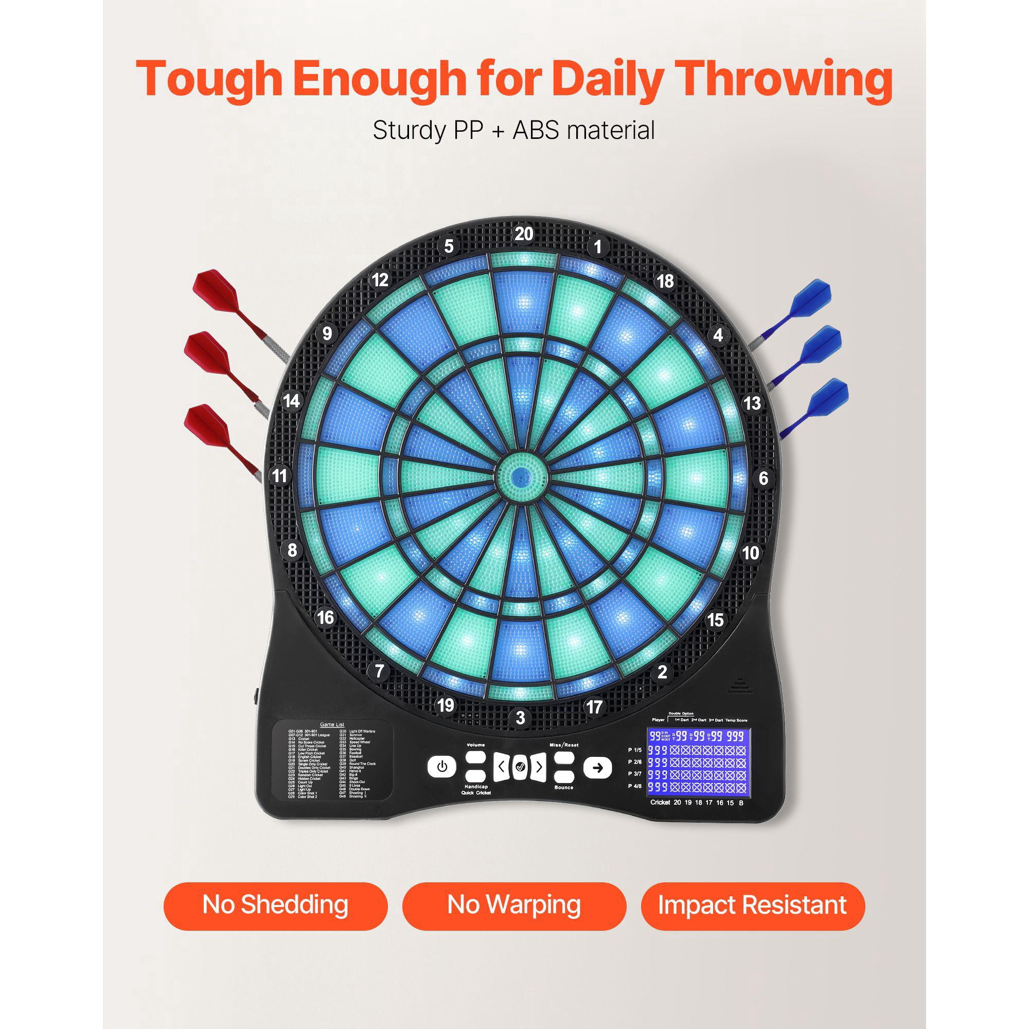 Electronic Dart Board LED Illuminated Target with 48 Games 500 Variations 6 Dart Shafts Flights 50 Soft Tips Cricket Scoring LCD Screen Supports 8 Players