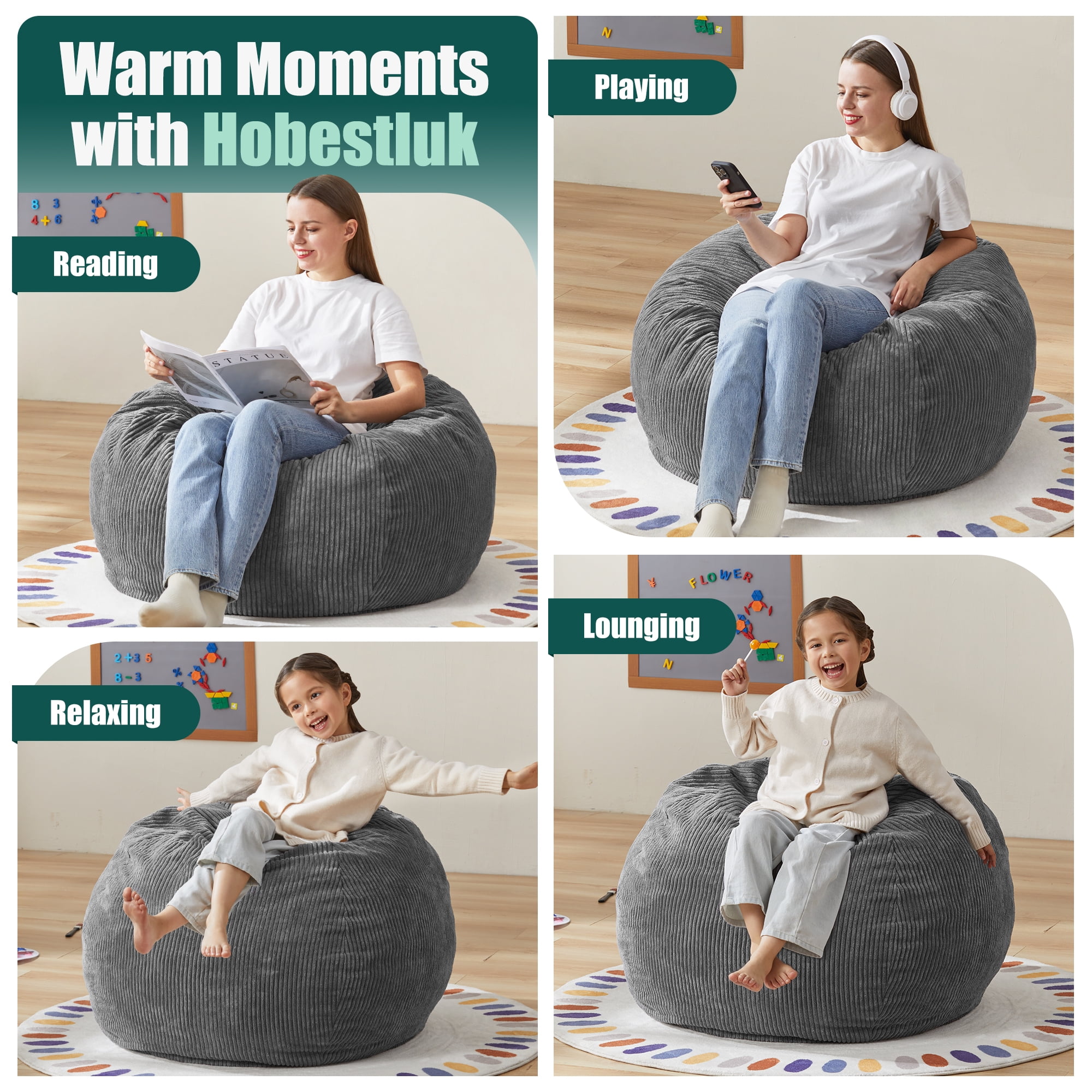 3.5FT Bean Bag Chair for Adult with Filler Included Large Teardrop Bean Bag Chair with Removable Cover for Bedroom Living Room (Large, Grey)