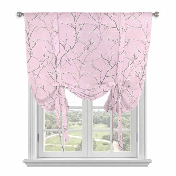 Pink Tree Branch Tie Up Curtain for Window, Retro Classic Art Pink Tree Branches Flower Adjustable Tie Up Balloon Curtain Valances Rod Pocket Window Treatment for Kitchen Bathroom Bedroom 34"x45"