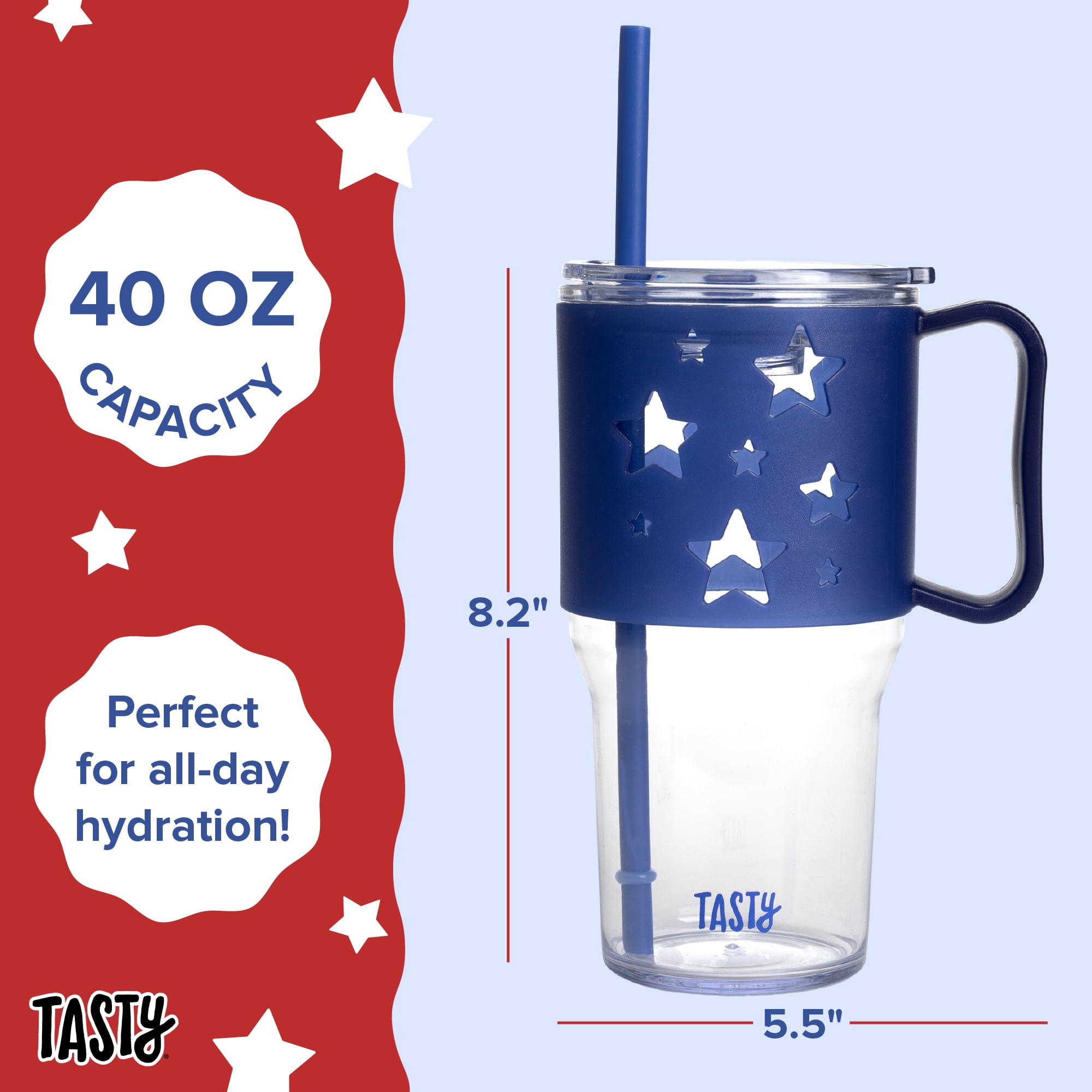 Tasty 40 oz Plastic Tumbler with Lid and Straw, Glow-in-the-Dark Handle, Stars Design, Royal Blue