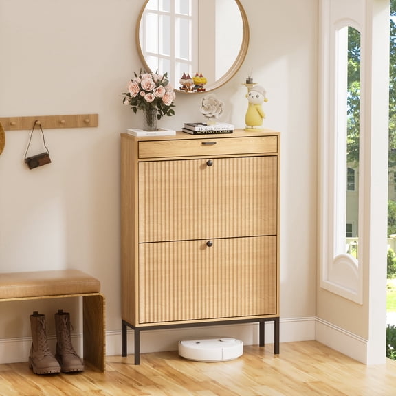 Brafabhome Shoe Storage Cabinet with 2 Flip Drawers, Modern Freestanding Narrow Fluted Shoe Cabinet with Drawer for Entryway, Hallway | Natural