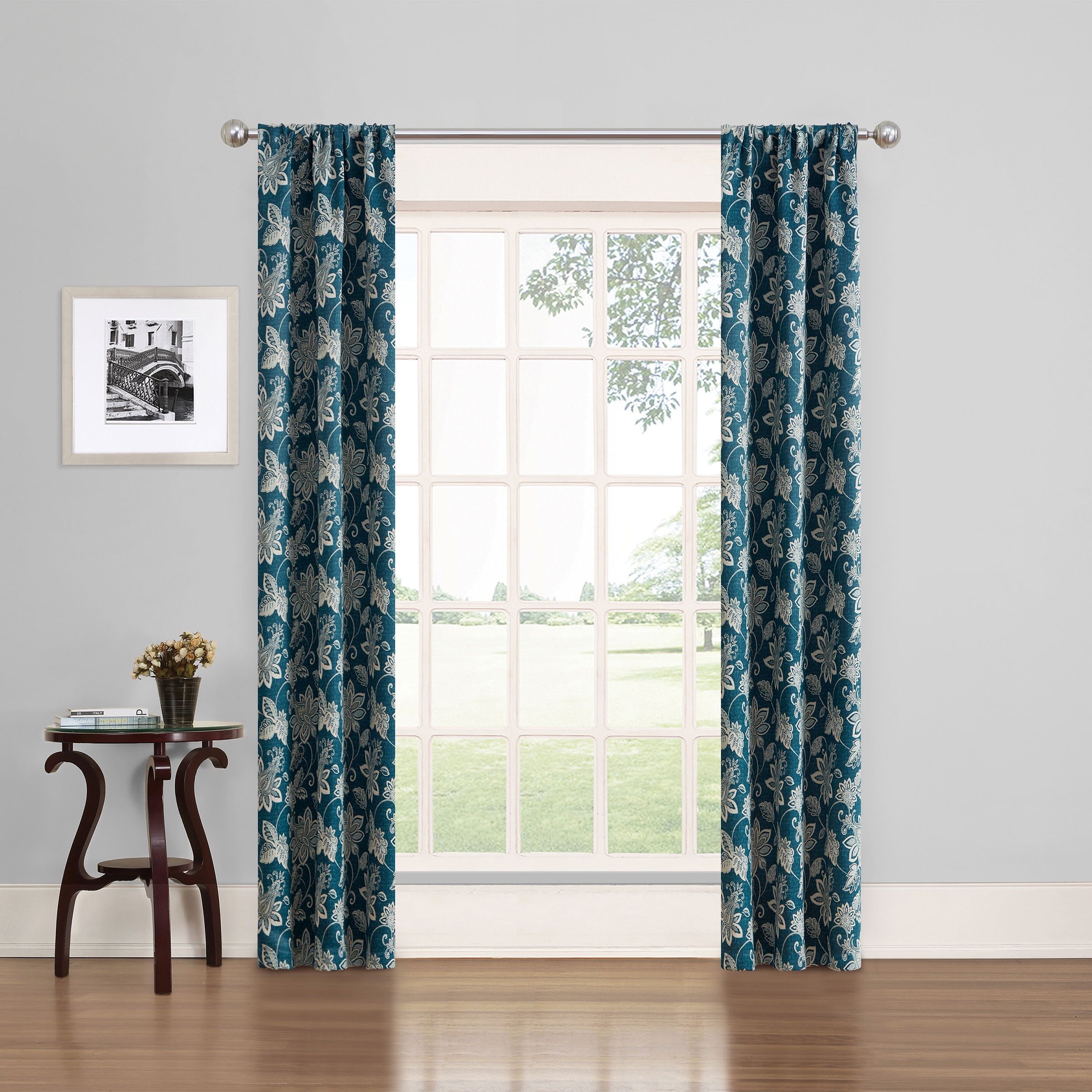 Eclipse Phoenix Solid Blackout Curtains, Set of 2, 84 Inch Long Blackout Curtains, 37"W x 84"L, Indigo Botanical