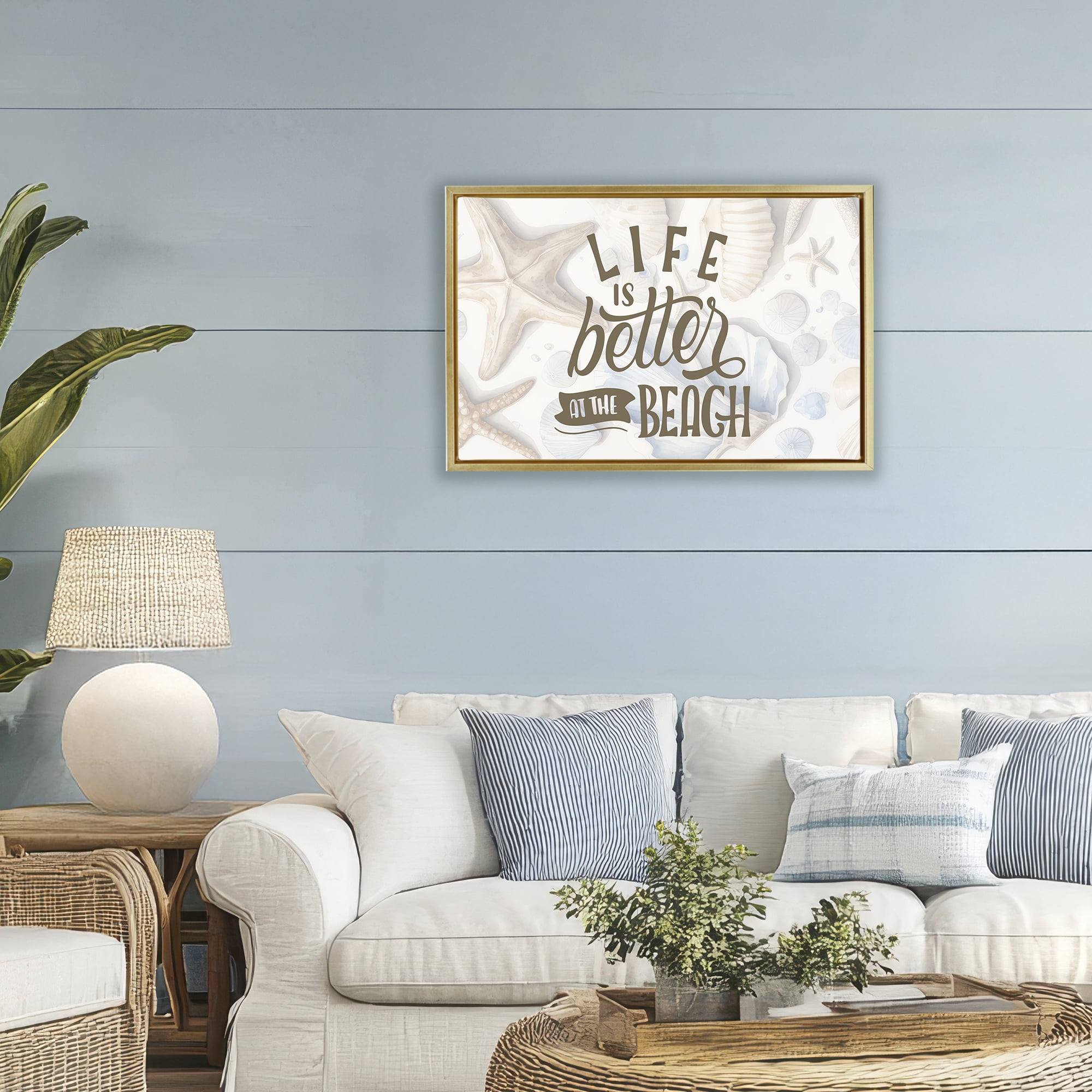 Stupell Industries Better At Beach Seashells Gold Framed Floater Canvas Wall Art, design by Kim Allen
