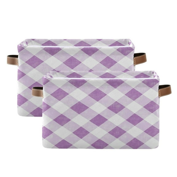 Light Purple and White Gingham Foldable Storage Basket,Canvas Fabric Foldable Storage Bins with Handles Open Home Storage Bins Boxes for Toy Book Shelf Closet Baskets
