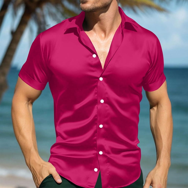 Ryrjj Mens Silk Button Down Shirt Short Sleeve Collared Satin Dress Shirts Summer Party Wedding Prom Shirt(Hot Pink,5XL), Men's