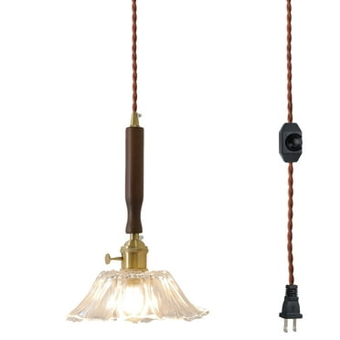 FSLiving Hanging Swag Pendant Light with 15ft Plug-in UL Dimmable Cord Walnut Handle Brass E26 Socket Tiffany Clear Glass Lamp Nordic Industrial Hanging Lamp for Corner Lighting - 1 Light
