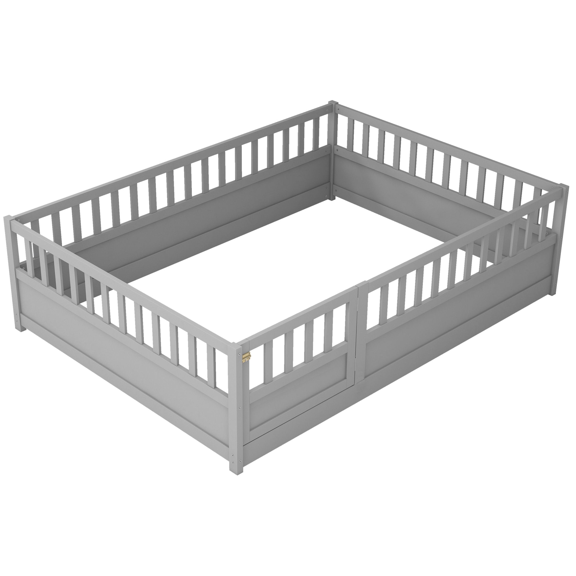 Noble House Full Size Montessori Floor Bed with Safety Guardrails and Door, Wood Kids Bed Frame, Gray