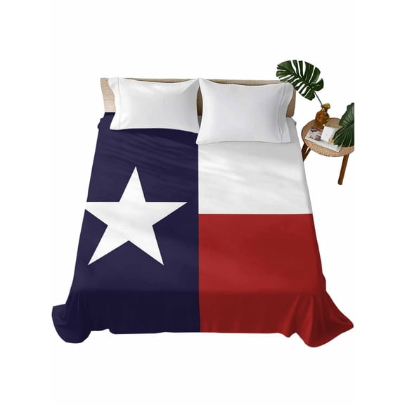 Full Size Flat Sheet Only, Blue Red White Texas Flag with Star, Soft Brushed Microfiber Bed Sheets, Minimalistic Geometric Stripe Hotel Quality Breathable Bedding Top Sheet, Easy Care, 81"x96"