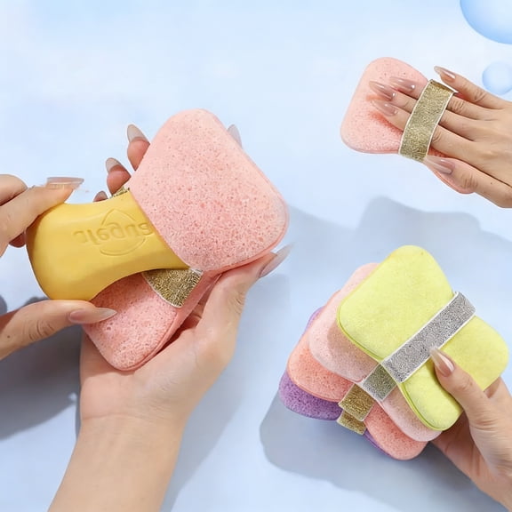 Exfoliating Bath Sponge Soft Konjac Fiber Shower Scrubber with Storage Rope and Soap Bar Holder for Deep Body Cleansing in Pink