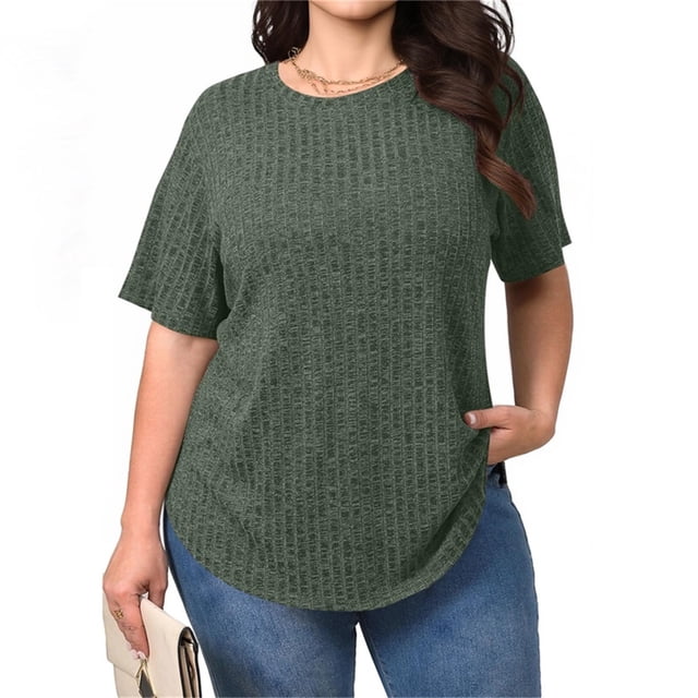 TaTaai Plus Size Everyday Top Women, Striped Short Sleeve Round Neck T-Shirt, Loose Fit Five Quarter Sleeve Blouse, Lightweight Soft Casual Apparel Gift