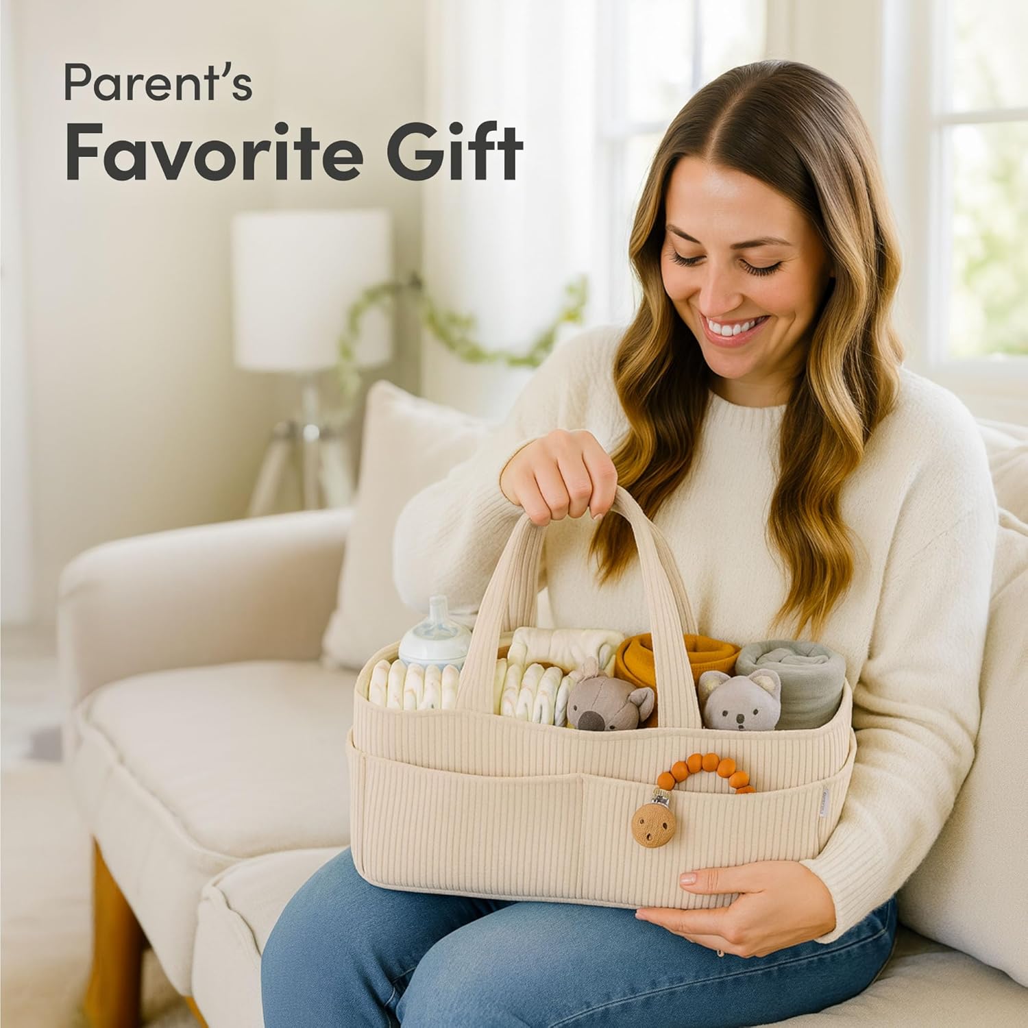 SONGAUN Baby Nappy Caddy Organiser for Changing Table – Stylish Nursery Storage Basket, Newborn Essentials, Baby Shower Gifts and Registry Must-Haves for Boy or Girl, Car Nappy Caddy, Corduroy Cream