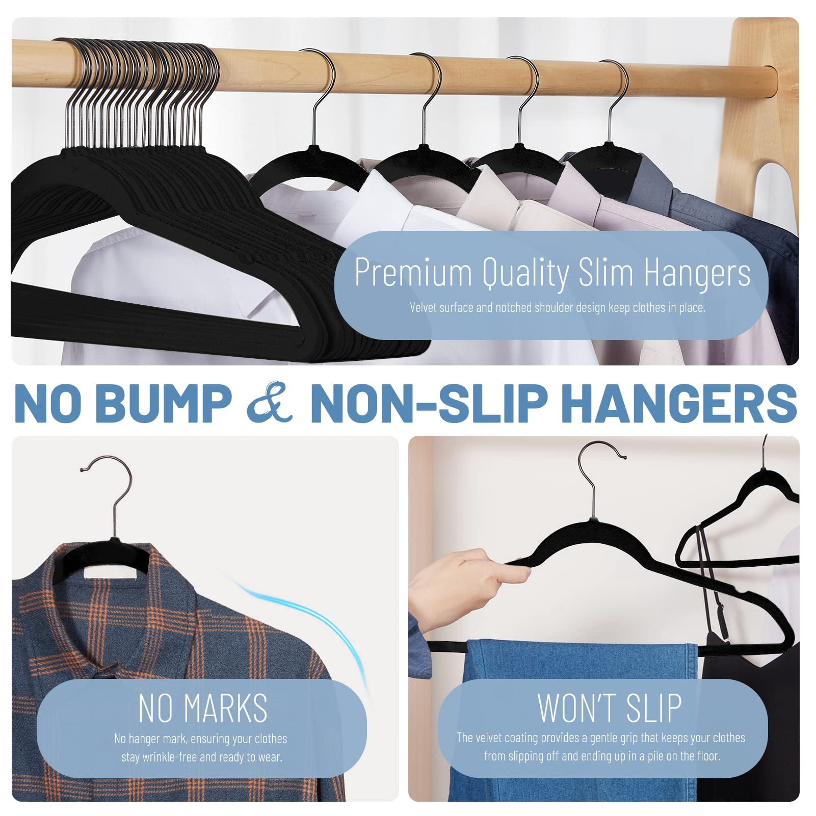 House Day Non-Slip Velvet Coat, Dress, Jacket Clothes Hangers, Black 60 Pack