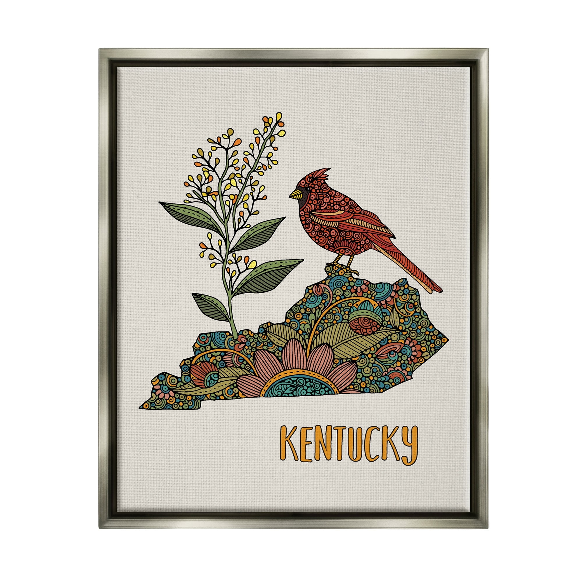 Stupell Industries Kentucky State Cardinal Blooming Goldenrod Flower Pattern Graphic Art Luster Gray Floating Framed Canvas Print Wall Art, Design by Valentina Harper