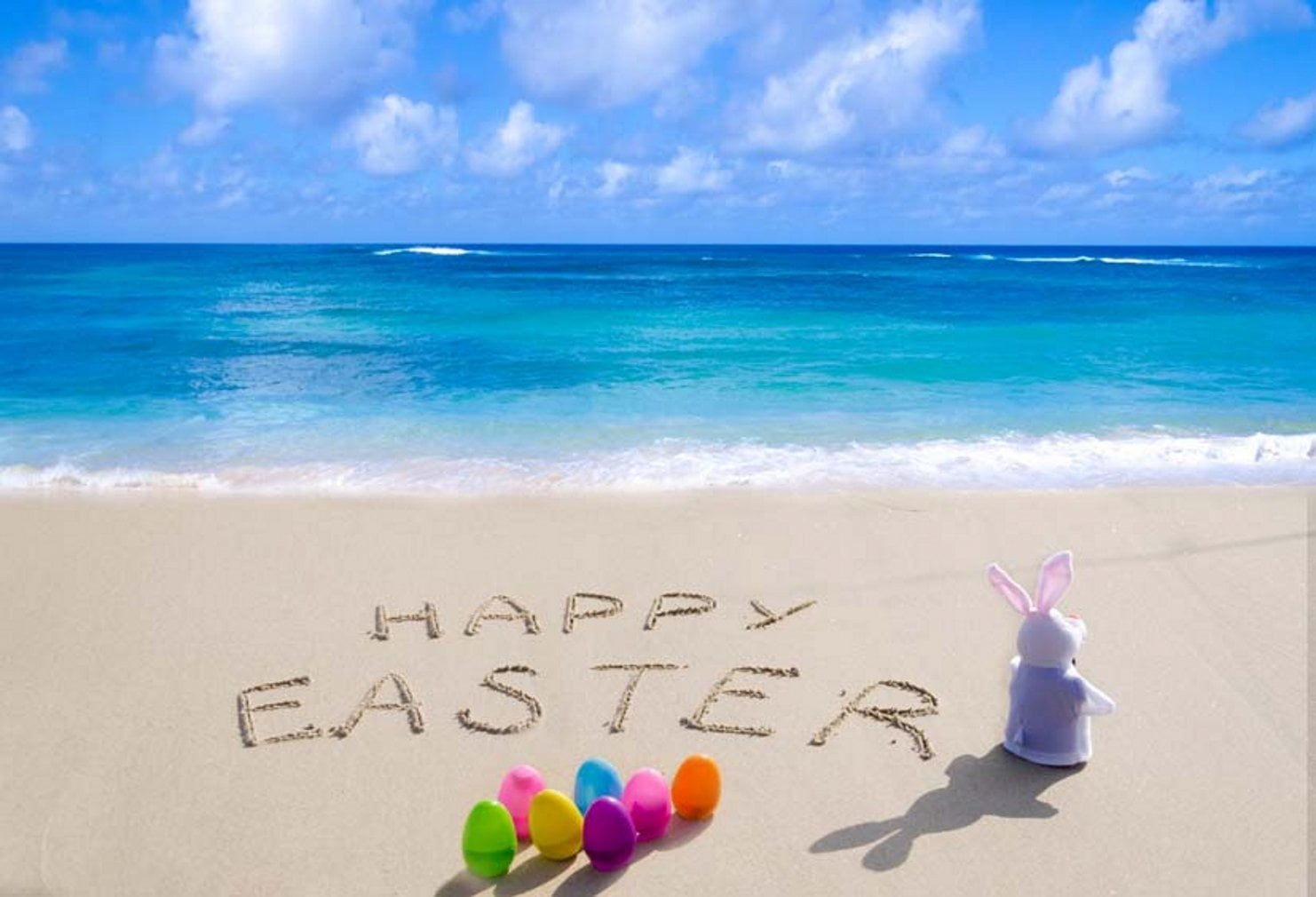 GreenDecor Polyster Easter Beach Photo Backdrop Eggs Rabbit Blue Ocean